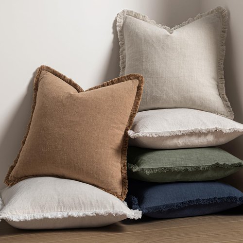 MIULEE Decorative Throw Pillow Covers - Set of 2 Neutral Beige Linen Fringe Cushions | 20x20 Inch Boho Farmhouse Decor