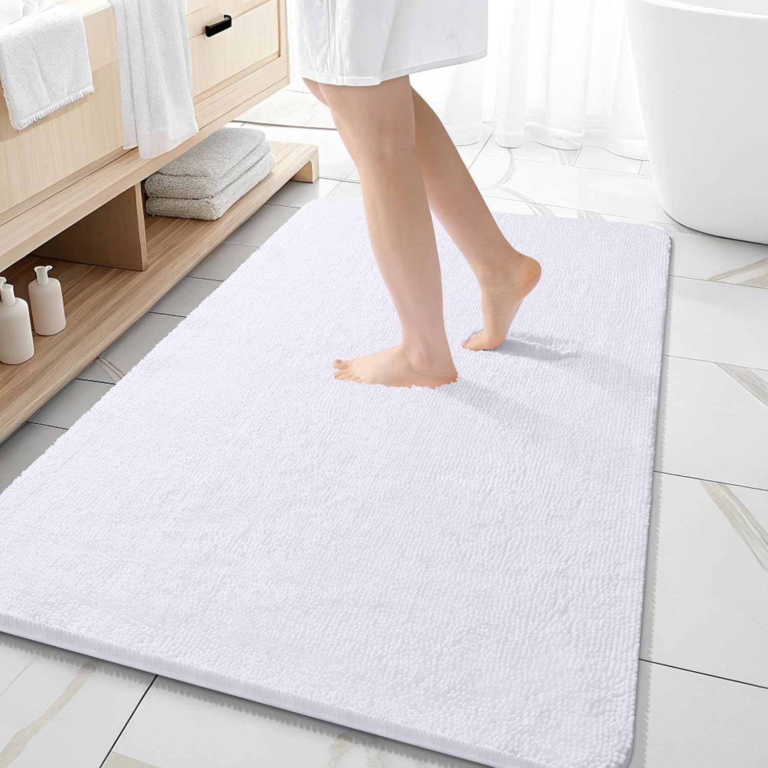 OLANLY Bathroom Rugs - Extra Soft Chenille Bath Mats | Quick Dry, Machine Washable, 59x35, White