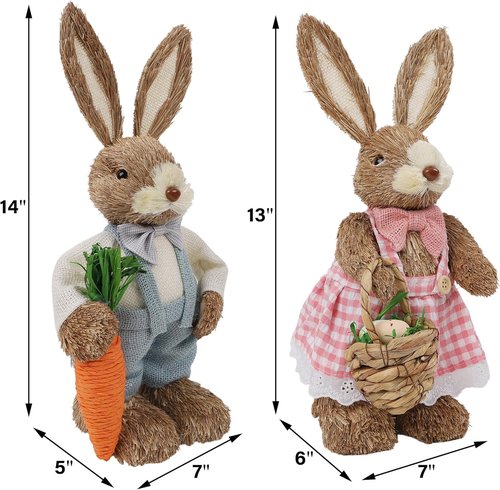 DR.DUDU Easter Decorations - Set of 2 14" Sisal Bunny Figurines with Carrot & Egg | Spring Farmhouse Centerpieces