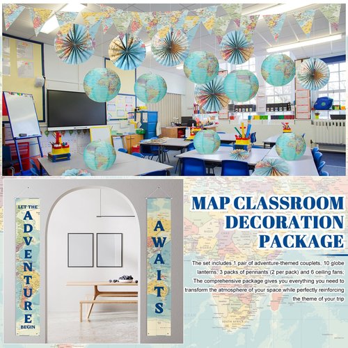20 Pcs Globe Map Classroom Decorations Travel Party Decors Back to School Hanging Paper Lantern Fans Adventure Awaits Bulletin Board Around The World Party Decorations for Classroom Earth Day Birthday