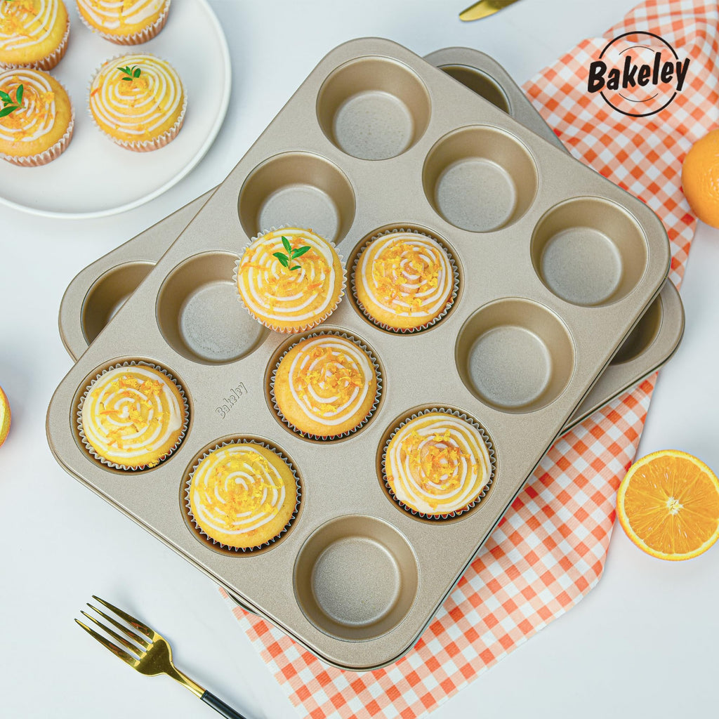 Bakeley Nonstick 12-Cup Muffin Pan, Non-Toxic, 2-Pack, Champagne Gold, Oven/Dish Safe