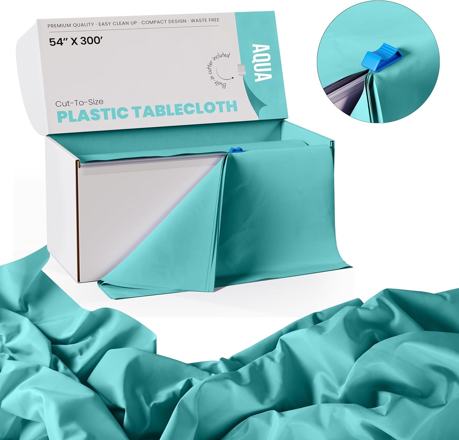 Party Solids Aqua Plastic Table Cover Roll - 54 Inch x 300 Feet with Slide Cutter for Easy Cutting