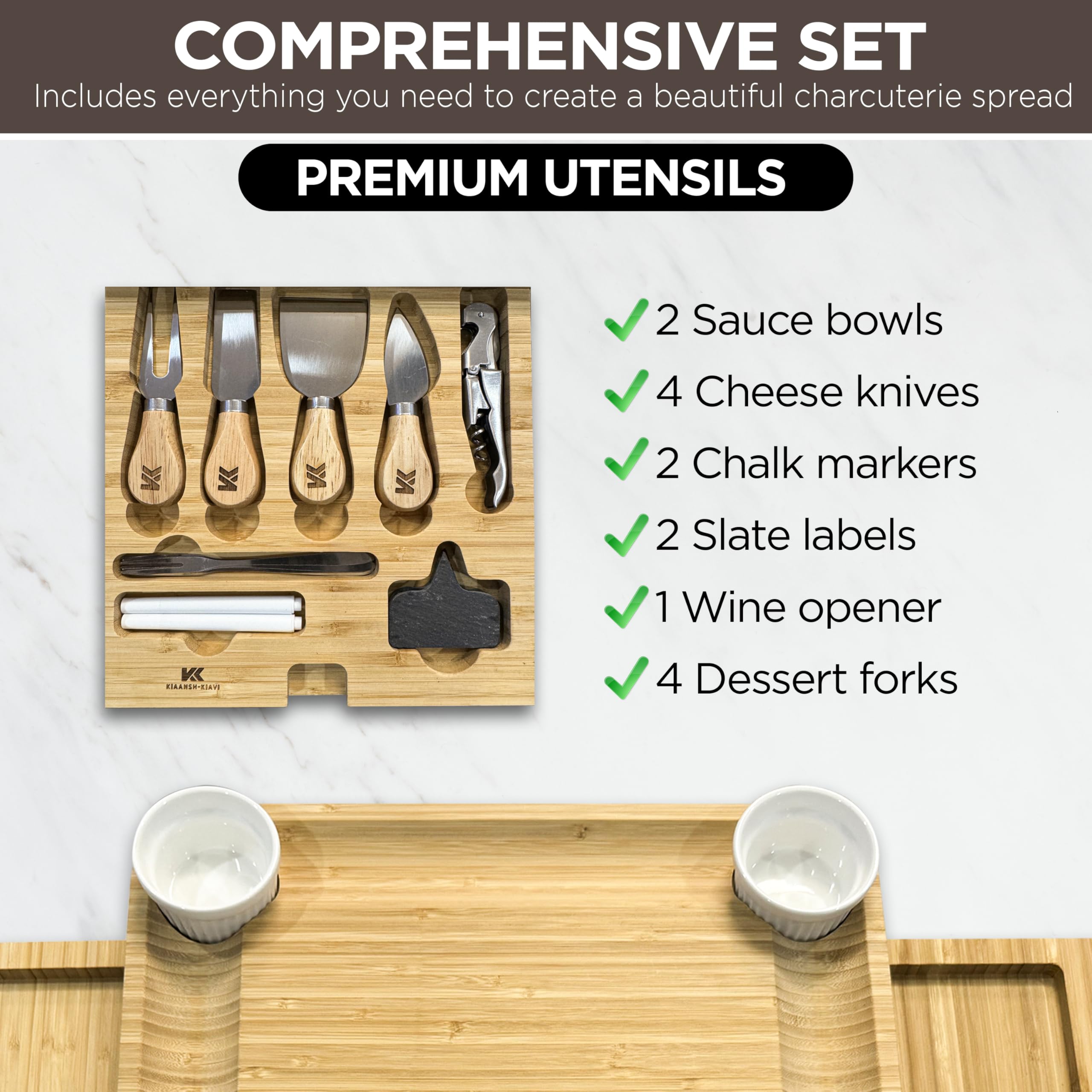 Kiaansh-Kiavi Kiaansh and Kiavi Charcuterie Boards Gift Set: Bamboo Cheese Board Set. Perfect for wedding gifts, Bridal shower and House Warming Gifts., Large
