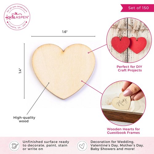 Kate Aspen Wooden Hearts for Guest Book (Set of 150) Wedding Guestbook Alternative Drop Box Hearts, Unfinished Wood Shapes for Crafts