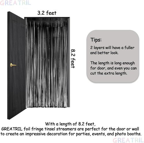 GREATRIL Black Fringe Backdrop - Stunning Outdoor Holiday Streamers | 3.2ft x 8.2ft, 2 Packs