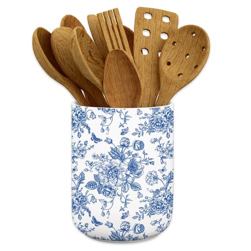 JarThenaAMCS Chinoiserie Floral Ceramic Utensil Holder Blue Flower Butterfly Utensil Crock for Home Kitchen Countertop Storage Organizer Container
