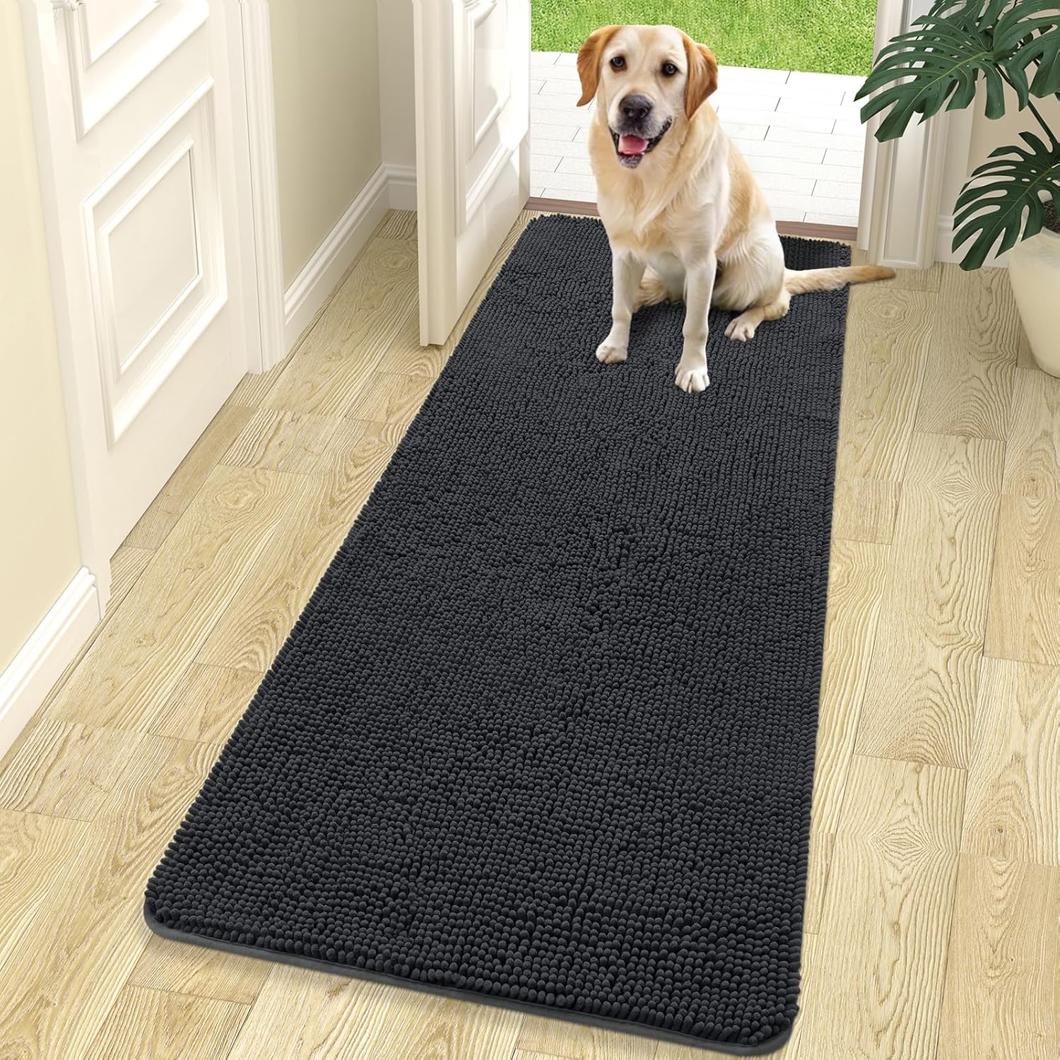 OLANLY Dog Door Mat - Absorbent Non-Slip Mud Mat for Indoor Use | Quick Dry Chenille, 70x24, Dark Grey