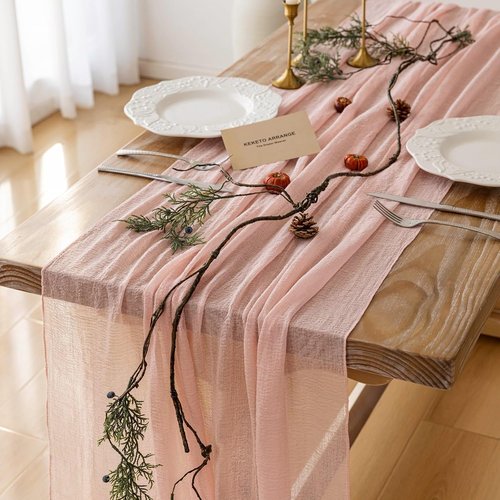 Keketoarrange Pink Cheesecloth Table Runner - 120 Inch Rustic Boho Decor for Weddings & Parties