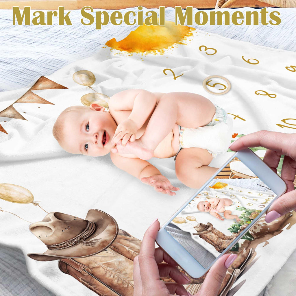Kwtzkuo Western Milestone Blanket, Cowboy Baby Monthly Blanket with Marker, Newborn Baby Shower Photo Props My First Rodeo Gifts