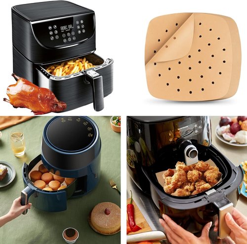 HOFHTD Air Fryer Liners - 200 Pcs Perforated Parchment Paper Sheets, 8.5 Inch for Baking & Steaming