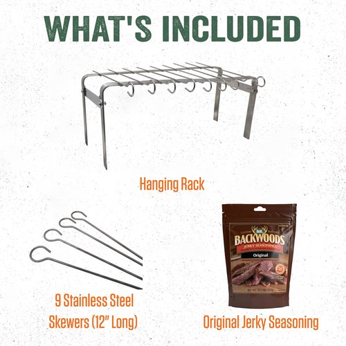 LEM Products Jerky Hanger with 9 Skewers, Backwoods Original Jerky Seasoning, Folding Rack for Oven or Smoker, Stainless Steel