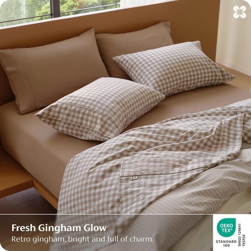 Bedsure 100% Washed Cotton Percale Sheets - Soft Gingham 6-Piece Set, Queen Size with 18" Deep Pocket (Brown)