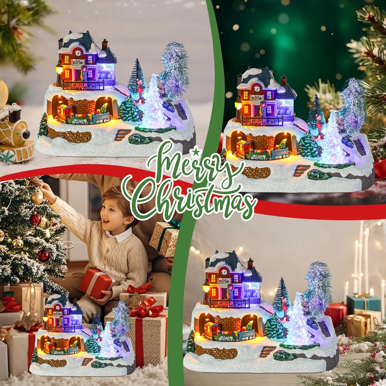 Wonder Garden Christmas Village Houses - Lighted Musical Railway Station with Moving Train & Animated Figurines for Indoor Decor
