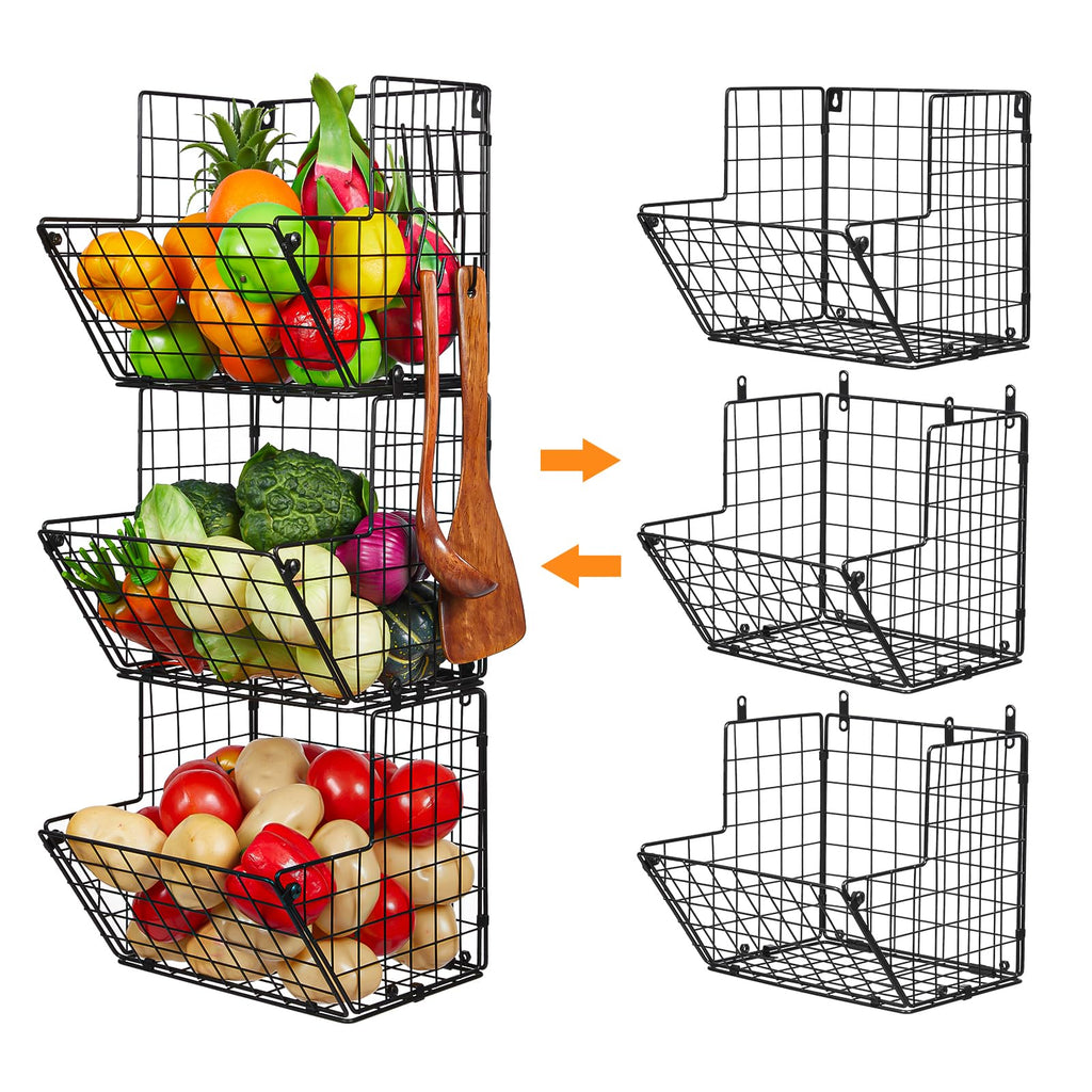 X-cosrack Metal Wire Basket Wall Mount, 3 Tier Wall Storage Organizer with 5 S Hooks, Kitchen Fruits and Vegetables Bin Toys Organizer Hanging Basket Black (S (10.83" L x 10.63" W x 30" H))