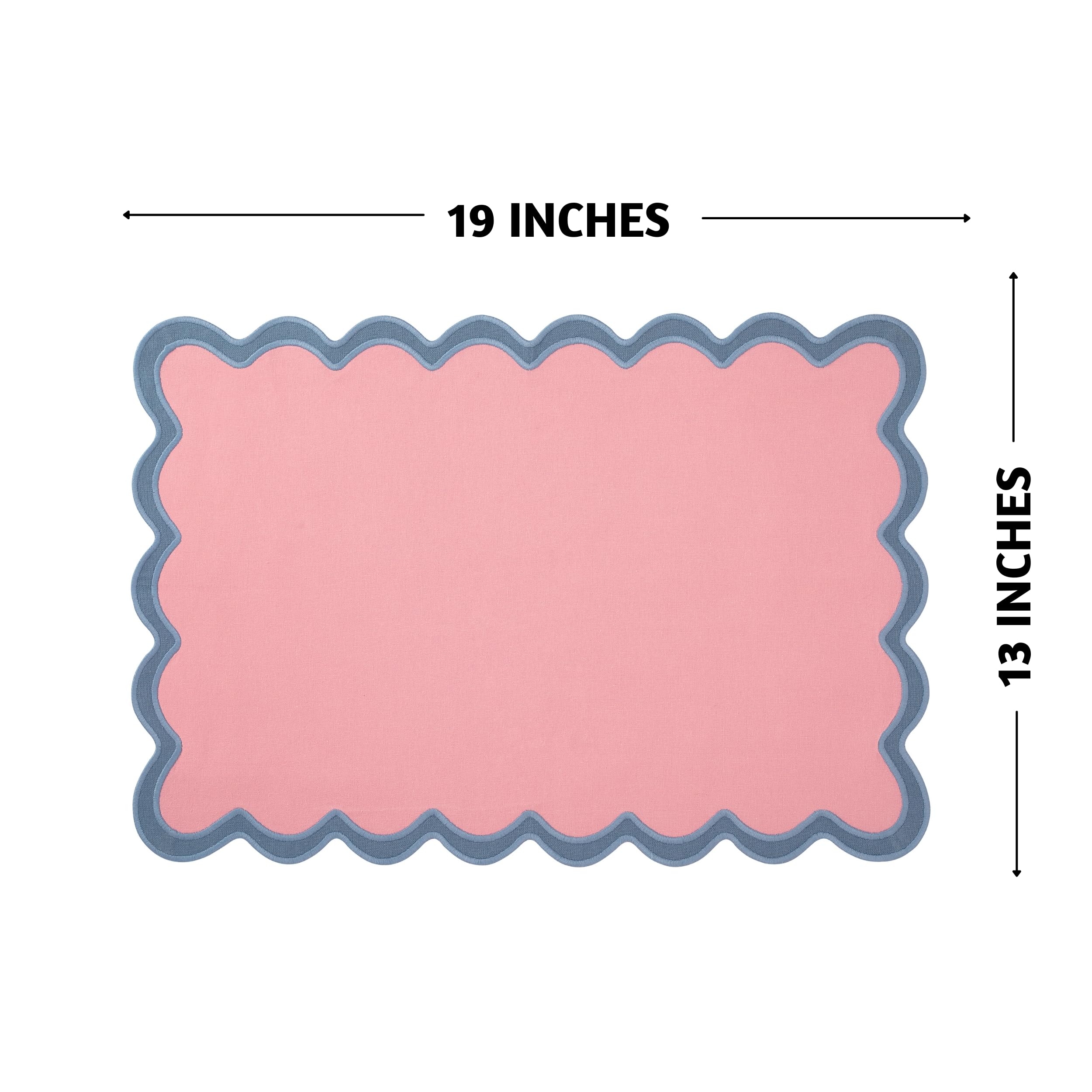 Folkulture Placemats Set of 4 (13 x 19) | 100% Cotton, Cute, Heat Resistant,Machine Washable Scalloped Place Mats | Pink Rectangular Cloth Table Placemats or Dining Table Mats for Dinner Party