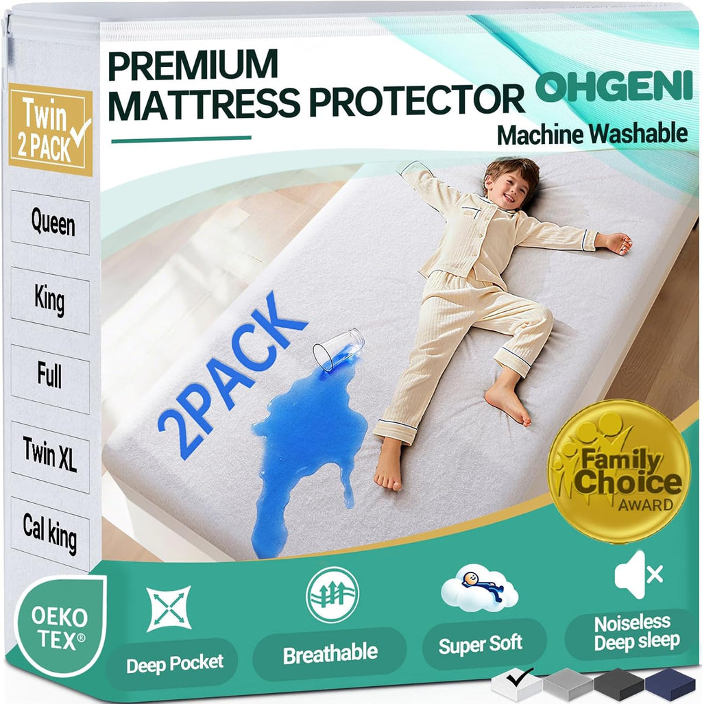 OhGeni Waterproof Mattress Protector - Twin Size Fitted Sheet, Deep Pocket, Hypoallergenic & Washable