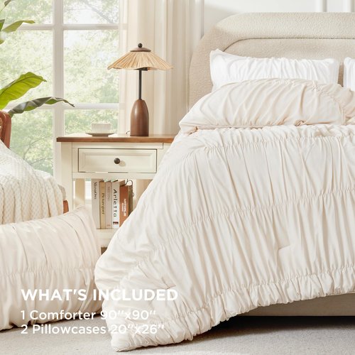Andency Ruched Beige Queen Comforter Set, Shabby Chic Pleated Bedding Sets 3 Pieces, Lightweight Soft Boho Ruffle Bed Set for Girls, Kids, Women, All Season