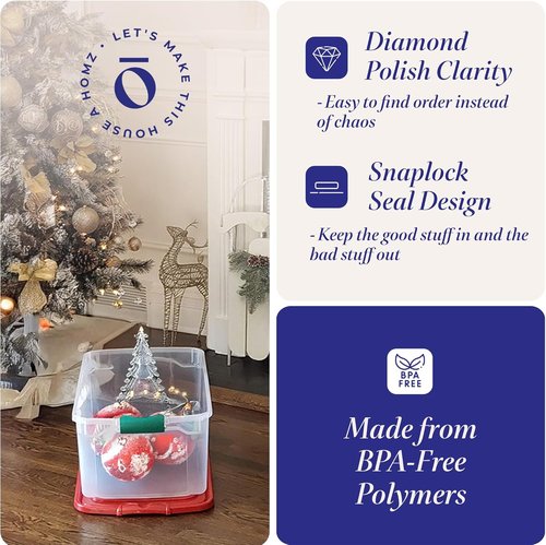 HOMZ 6-Pack Holiday Tote | Clear/Red Plastic Storage Bins with Lids - 64 Quart Stackable Organizers for Home, Garage, Office