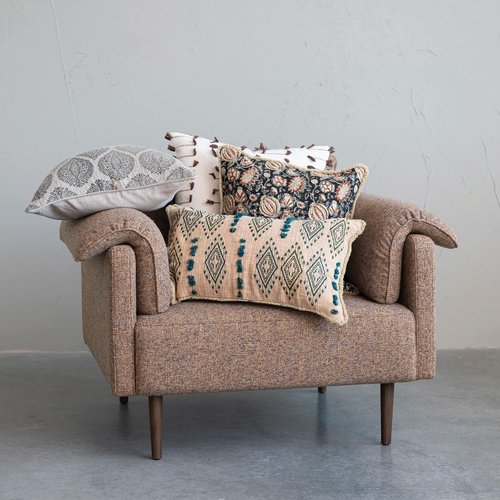Creative Co-Op Woven Cotton Throw Pillow Cover with Tassel Embroidery, Natural and Brown