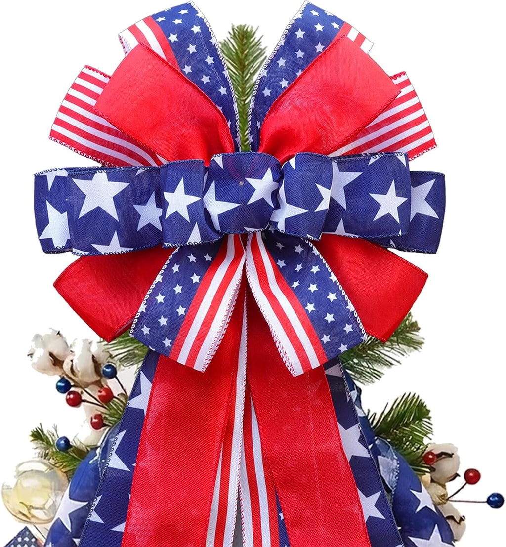 Patriotic 4th of July Tree Topper Bow by [Brand Name] - Large 52x13 Inch Pre-Tied Ribbon for Wreaths & Decor | Red, Blue, White