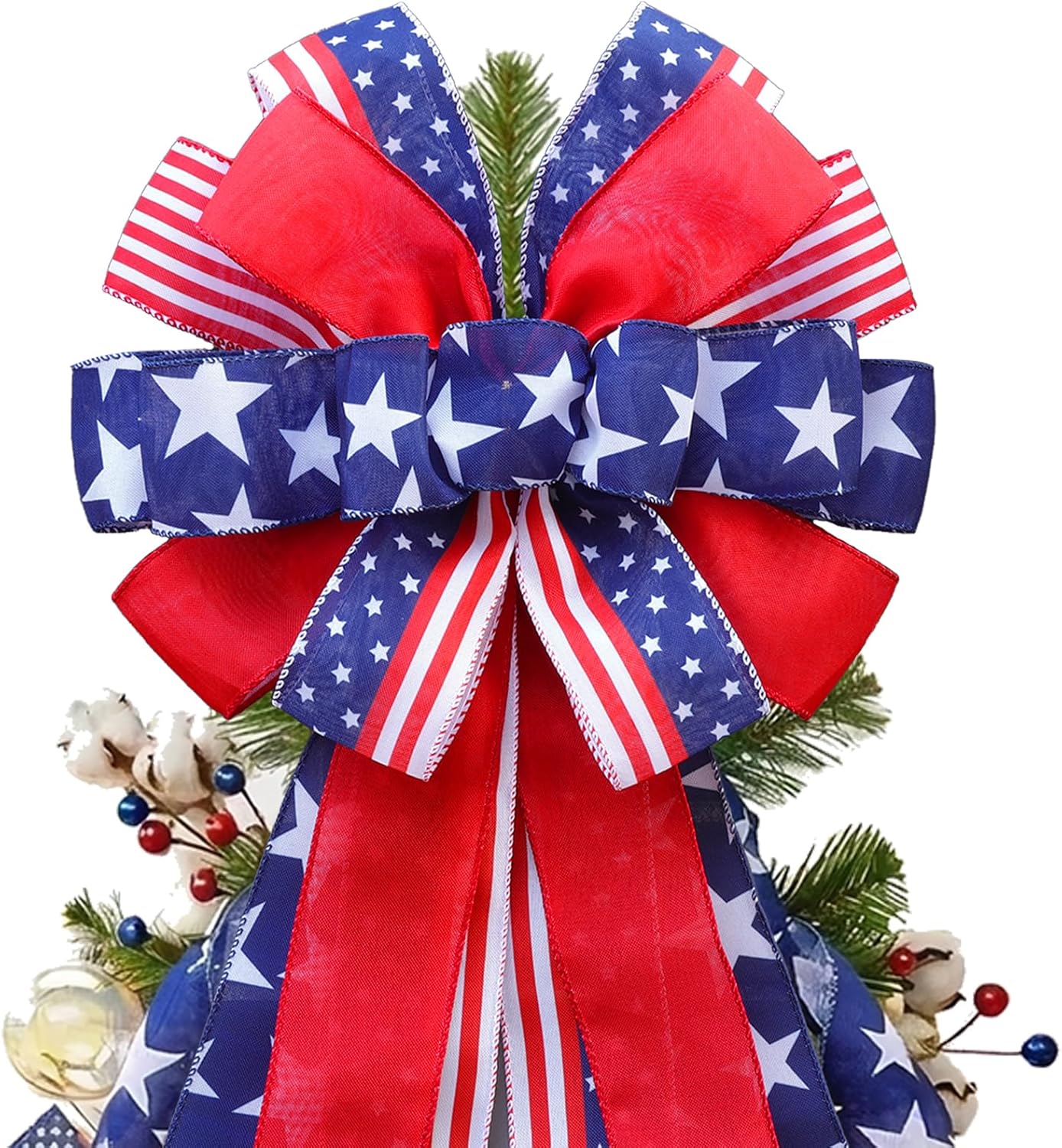 Patriotic 4th of July Tree Topper Bow by [Brand Name] - Large 52x13 Inch Pre-Tied Ribbon for Wreaths & Decor | Red, Blue, White