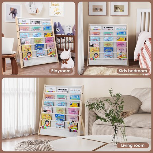Hggzeg Wooden Bookshelf for Kids, 6 Tier Kids Bookcase Storage Display Rack with Fabric Storage Pockets, Easy Access Magazine Rack, for Children’s Bedroom and Playroom (Beige)