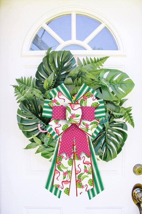 Hying Large Summer Wreath Bows - Green Stripes & Pink Burlap Flamingo Design for Door Decor