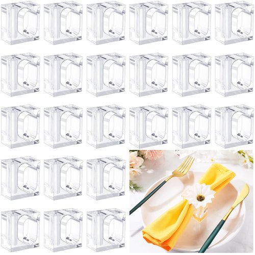 Meanplan 24 Pcs Flower Napkin Rings Clear Acrylic Napkin Holder Rings Bulk Square Flower Bud Vase Combo for Wedding, Birthday Banquet Table Decor, 1.77 x 1.97 Inch