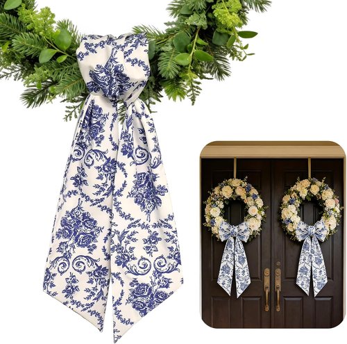 AZYM Wreath Sash Set - Elegant Blue Flower Ribbon for Front Door & Indoor Decor | 2 Pcs