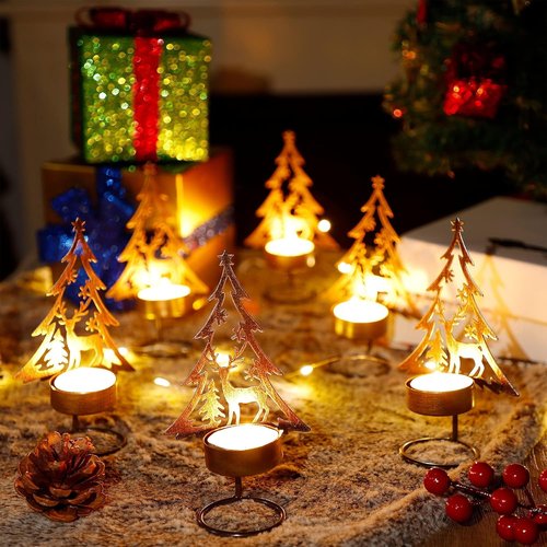 Juegoal Tea Light Candle Holders Set - Rustic Metal Tree & Reindeer Design | Holiday Table Centerpiece