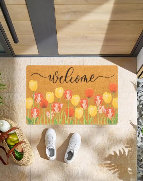 Floral-Welcome-Doormat for Spring-Outdoor Entrance Faux-Coir Entryway-Rug Non-Slip Dirt-Trapping Indoor-Outside Porch 17x30Inch