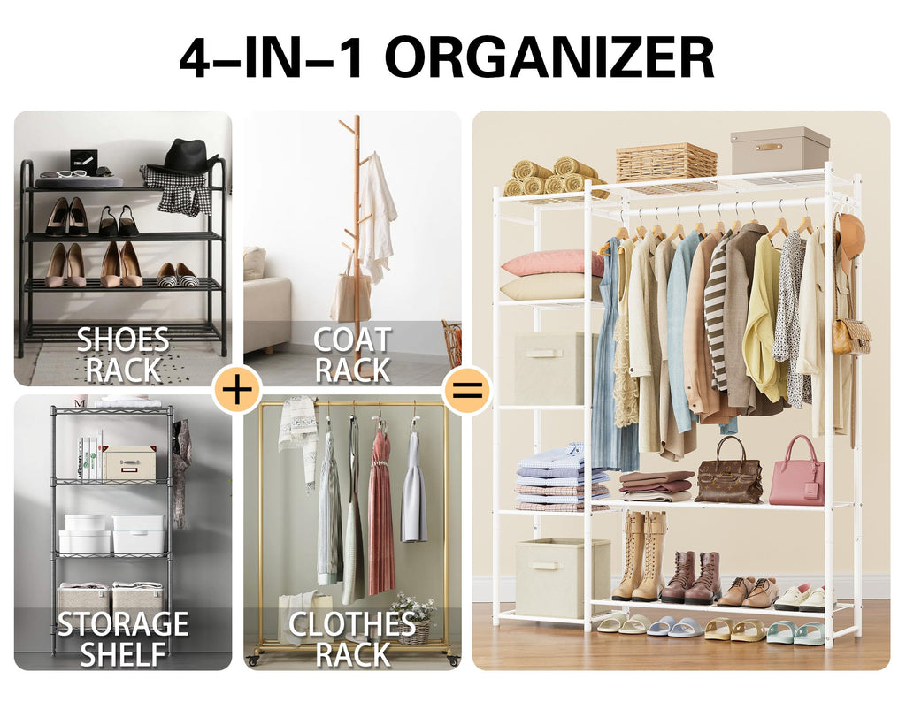 Wardrobe Closet,Portable Clothes Rack with 4 Tiers Shelves,Freestanding Closet Organizers and Storage System with Hanging Rods,Steel Clothing Rack Suitable for Cloakrooms,Bedrooms,Entrances,etc.White