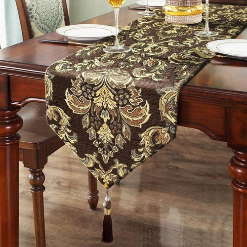 Embroidered Dark Brown Table Runners 120" Boho Thick Chenille Gold Floral Pattern for Party Decor
