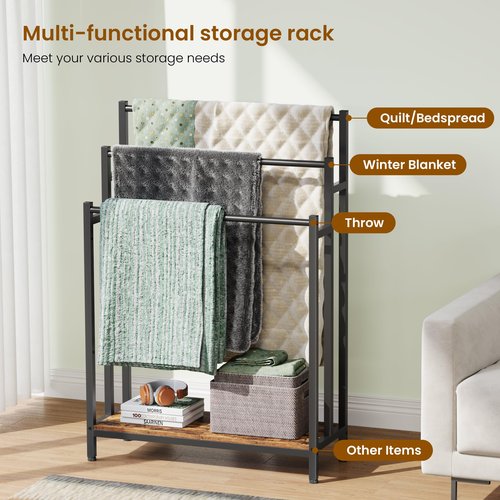 46" Extra Large Freestanding Towel Rack Stand for Bathroom, 3 Tier Blanket Ladder Holder, Outdoor Bath Towel Drying Rack with Shelf, Next to Tub or Shower, Quilt Rack, Rustic Brown and Black
