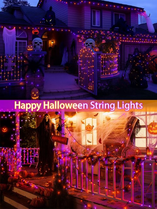 4 Pack 180FT Halloween Solar Lights Outdoor Waterproof, 320LED Orange and Purple Solar String Lights Green Wire 8 Modes, Solar Fairy Twinkle Lights for Halloween Tree Garden Horror Party Decorations