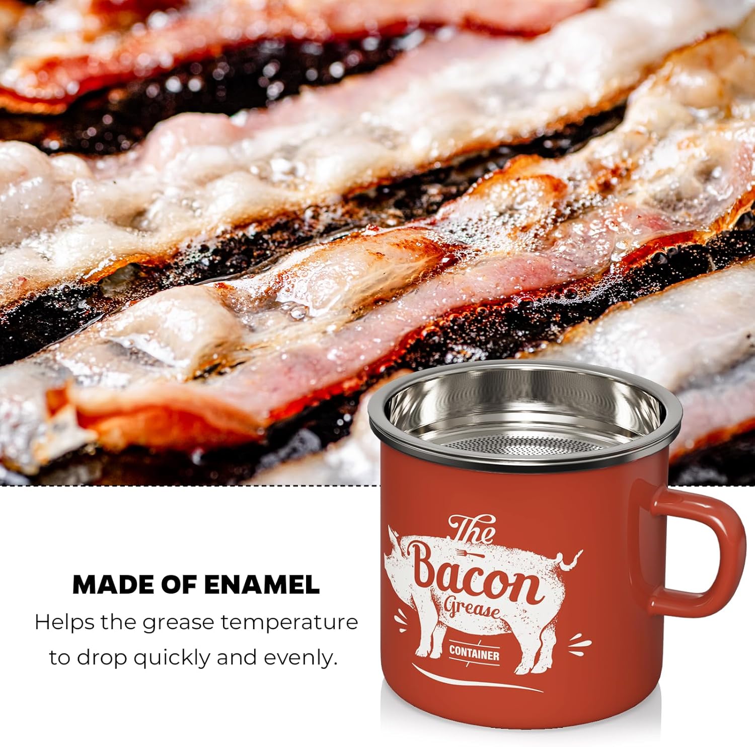 PGYARD Mini Bacon Grease Container - 15oz Enamel Strainer for Kitchen Fat Storage | Dishwasher Safe - Red