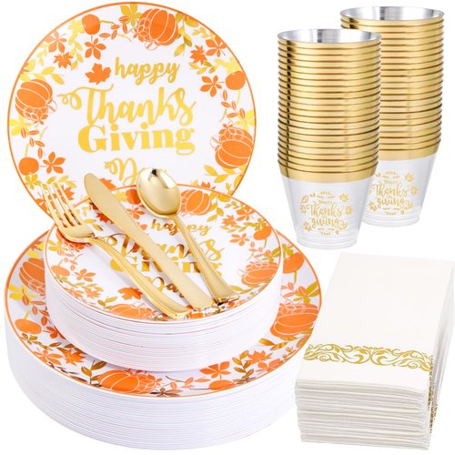 Supernal 175pcs Thanksgiving Plastic Dinnerware Set,Disposable Plates with Gold Plastic Silverware and Cups,Pumpkin and Maple Leaf Design for Thanksgiving Day Party