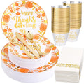 Supernal 175pcs Thanksgiving Plastic Dinnerware Set,Disposable Plates with Gold Plastic Silverware and Cups,Pumpkin and Maple Leaf Design for Thanksgiving Day Party