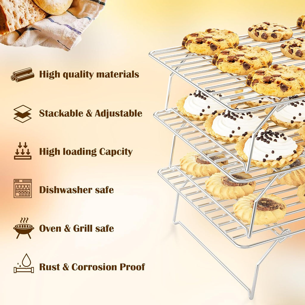 Skiennix 3-Tier Stackable Cooling Rack - Heavy Duty Baking Rack for Cookies, Pizza, Cakes | 15.8” x 10” - Oven & Dishwasher Safe - Silver