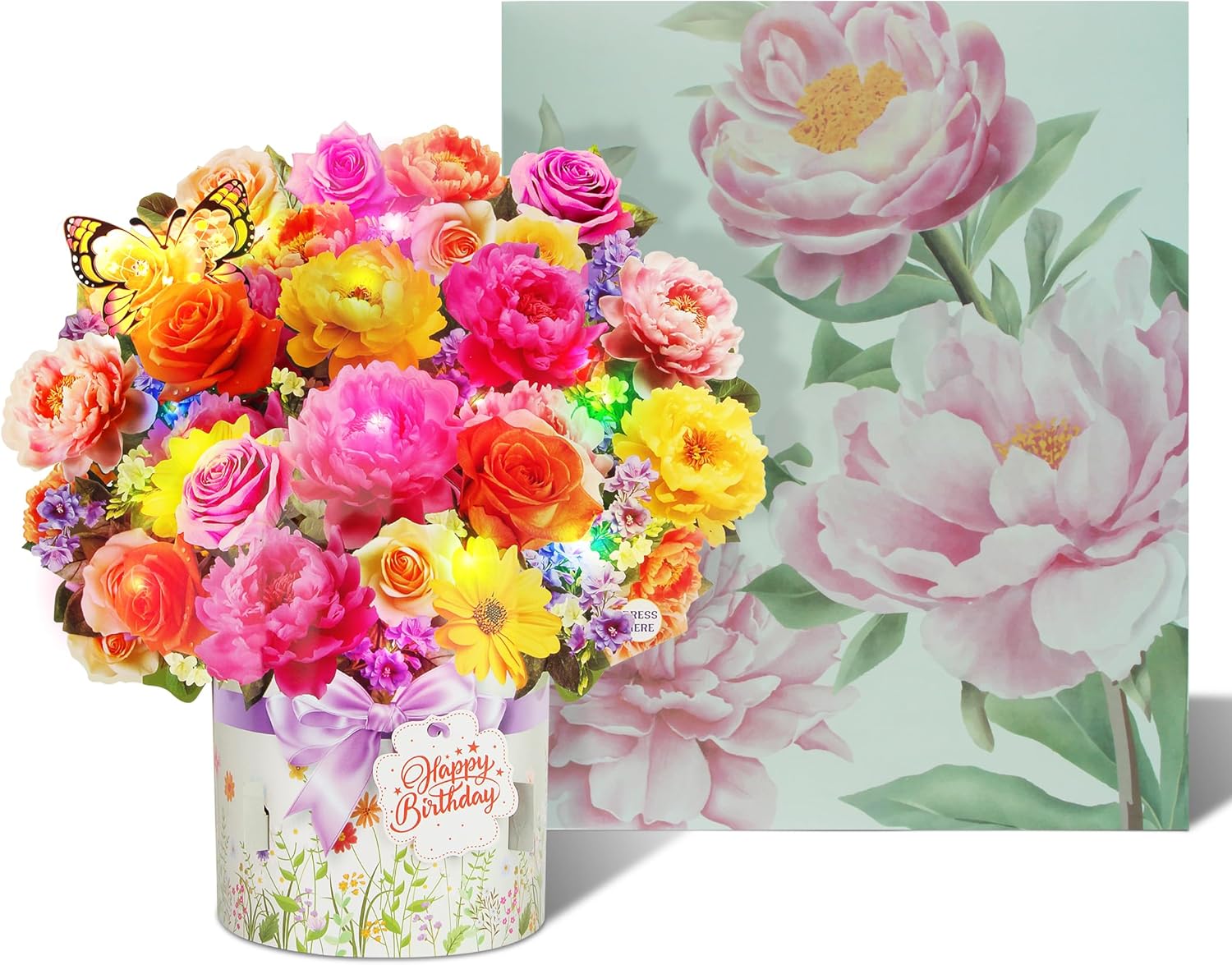 XTF2015 Birthday Cards - Musical & Light-Up Happy Birthday Card | 3D Peony & Butterfly Design