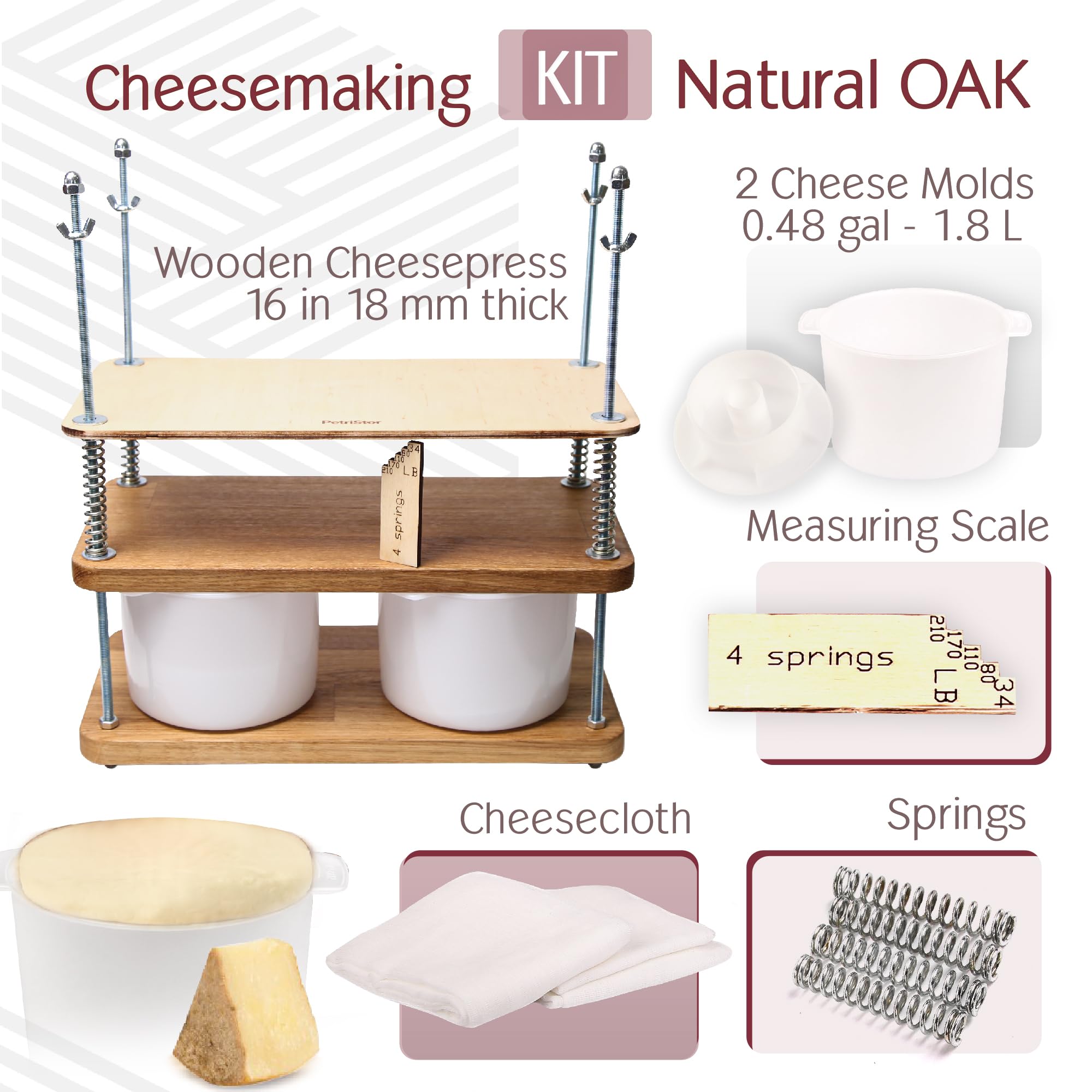 Wooden Cheese Press For Cheese Making 16 In Natural Oak 18 mm Thick - Cheese Making Kit With Wooden Cheese Press and 2 Cheese Molds 1/2 Gal, Cheesecloth, Springs and Measuring Scale Included