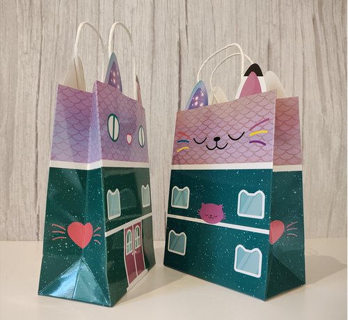 Cat Dollhouse Birthday Party Favors- 18 Favors Bags and 18 Paper Crowns Headbands Party Favors