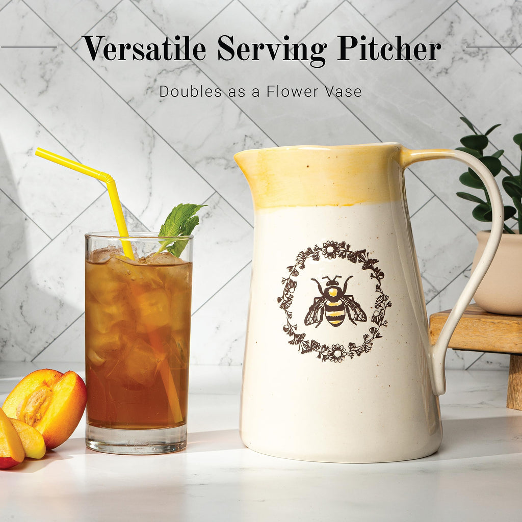 Young's Inc. Ceramic Water Pitcher - Large Serving Pitcher for Iced Tea, Coffee, and Cold Drinks - Ideal for Family Gatherings, Dinner Parties, and Brunches - 7" x 4.75" x 9.5" - Bee