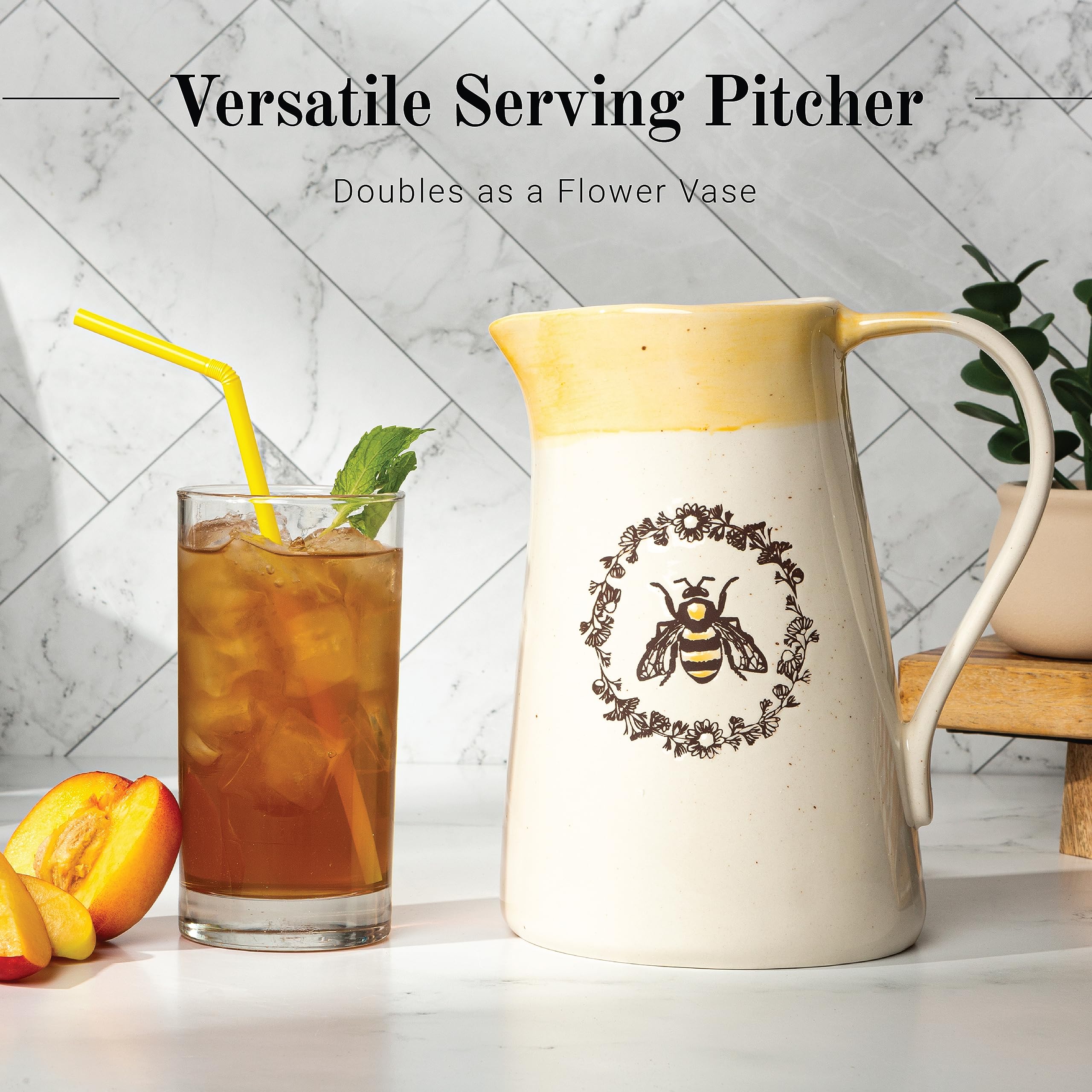 Young's Inc. Ceramic Water Pitcher - Large Serving Pitcher for Iced Tea, Coffee, and Cold Drinks - Ideal for Family Gatherings, Dinner Parties, and Brunches - 7" x 4.75" x 9.5" - Bee