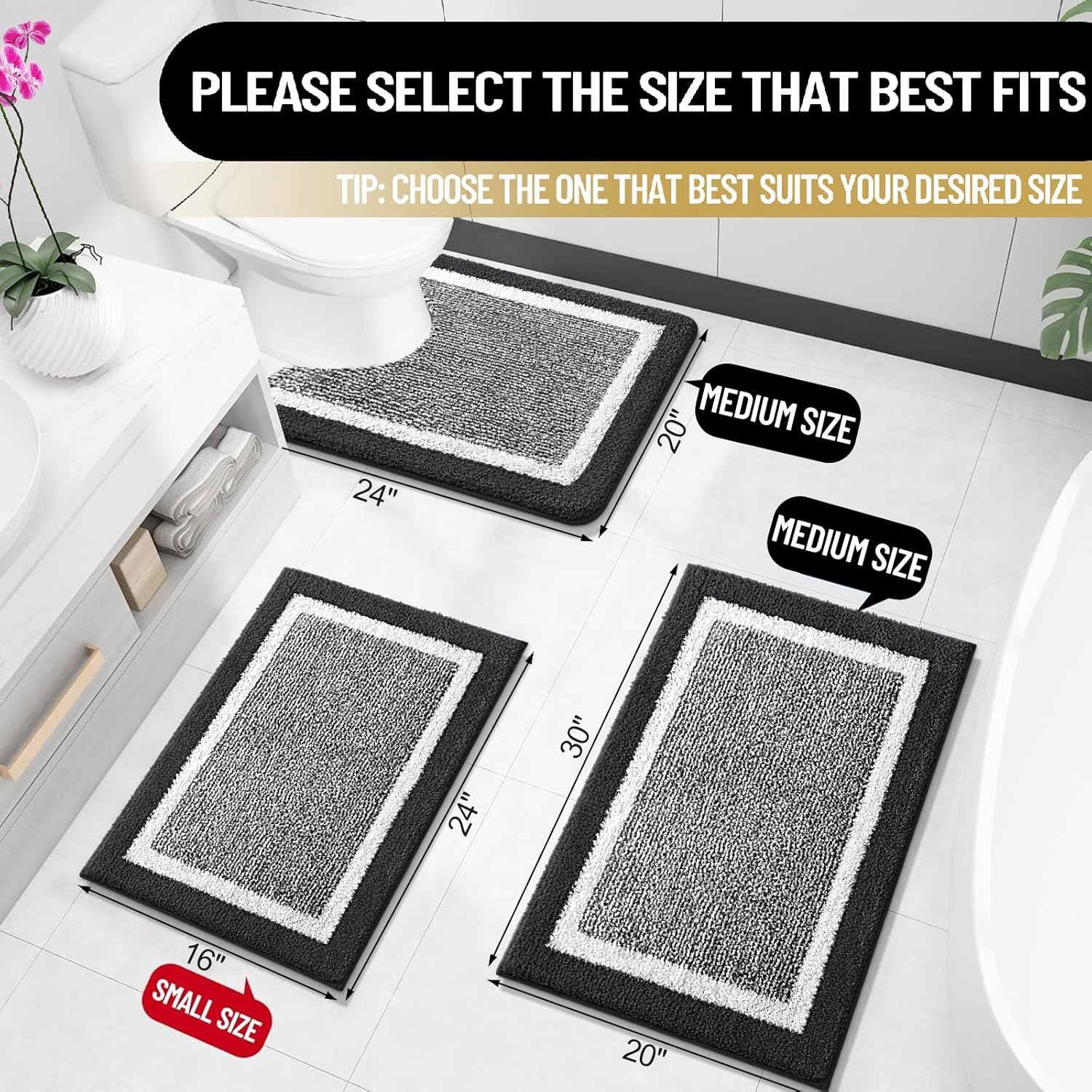 OLANLY Microfiber Bath Rugs - Extra Soft & Absorbent Non-Slip Mats | 24x16 Black, Machine Washable