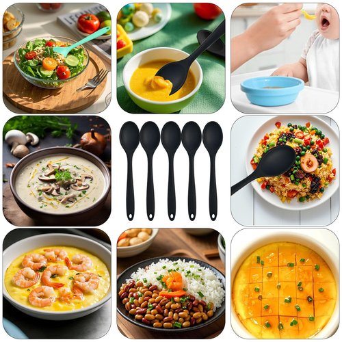 6 Pcs Small Silicone Spoons 8 Inch mini Mixing Spoons for cooking,Heat Resistant Spoons, Mixing Spoons for Kitchen Cooking Baking Stirring Mixing Tools (B Black 6PCS)