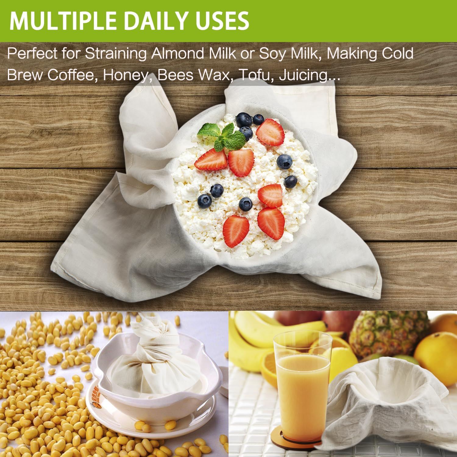 Olicity Cheese Cloths - 100% Cotton Unbleached Muslin Strainer | 4PCS, 20x20 Inch Hemmed Design