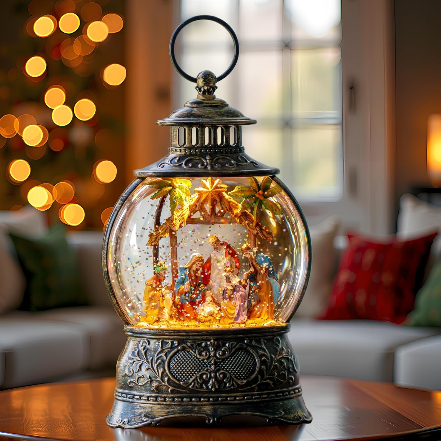 Skiennix Christmas Snow Globe Lantern - Musical Holy Family Nativity Scene | 6-Hour Timer, USB & Battery Operated