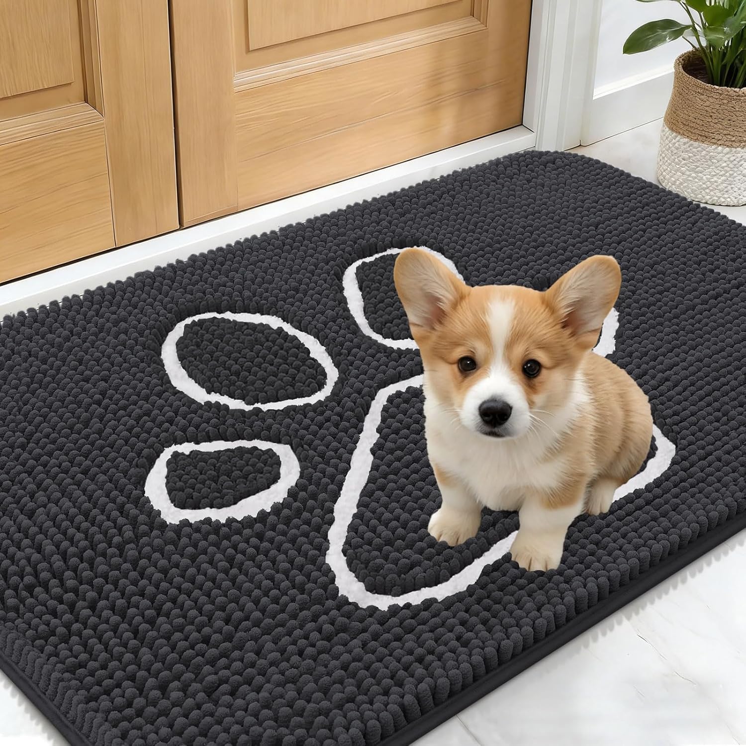 OLANLY Dog Door Mat - Absorbent Non-Slip Mud Mat for Paws | 24x16 Dark Grey Chenille Design