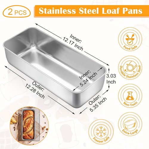 E-far Stainless Steel Loaf Pan Set - 2 Pack, 12” x 5” Baking Molds for Bread, Meatloaf & Cakes